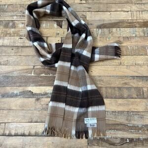 Hilltop Cashmere Wool Blend Fringe Scarf 56 x 11.5 in Brown Ivory Tartan Pattern